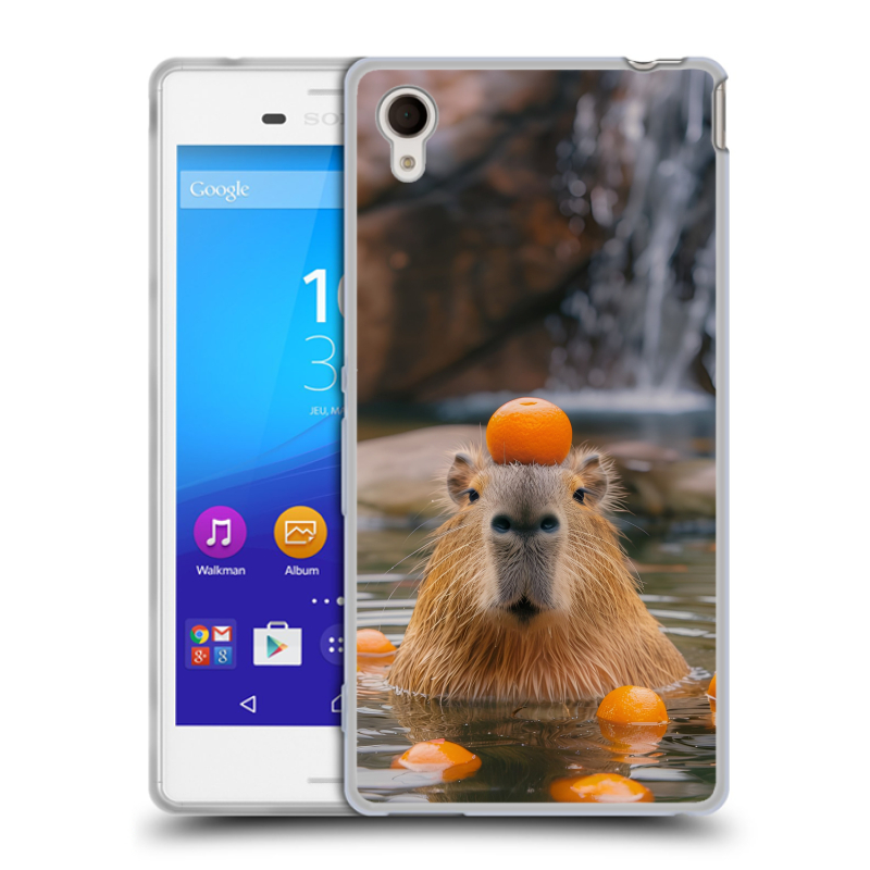 Пластиковый чехол на Sony Xperia M4 Aqua с принтом Капибара с апельсином Пластиковый чехол на Sony Xperia M4 Aqua с принтом Капибара с апельсином