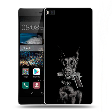 Пластиковый чехол на Huawei P8 с принтом Доберман и пистолет Пластиковый чехол на Huawei P8 с принтом Доберман и пистолет