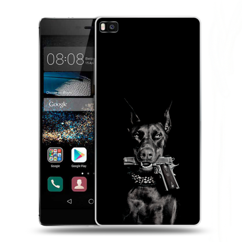 Пластиковый чехол на Huawei P8 с принтом Доберман и пистолет Пластиковый чехол на Huawei P8 с принтом Доберман и пистолет
