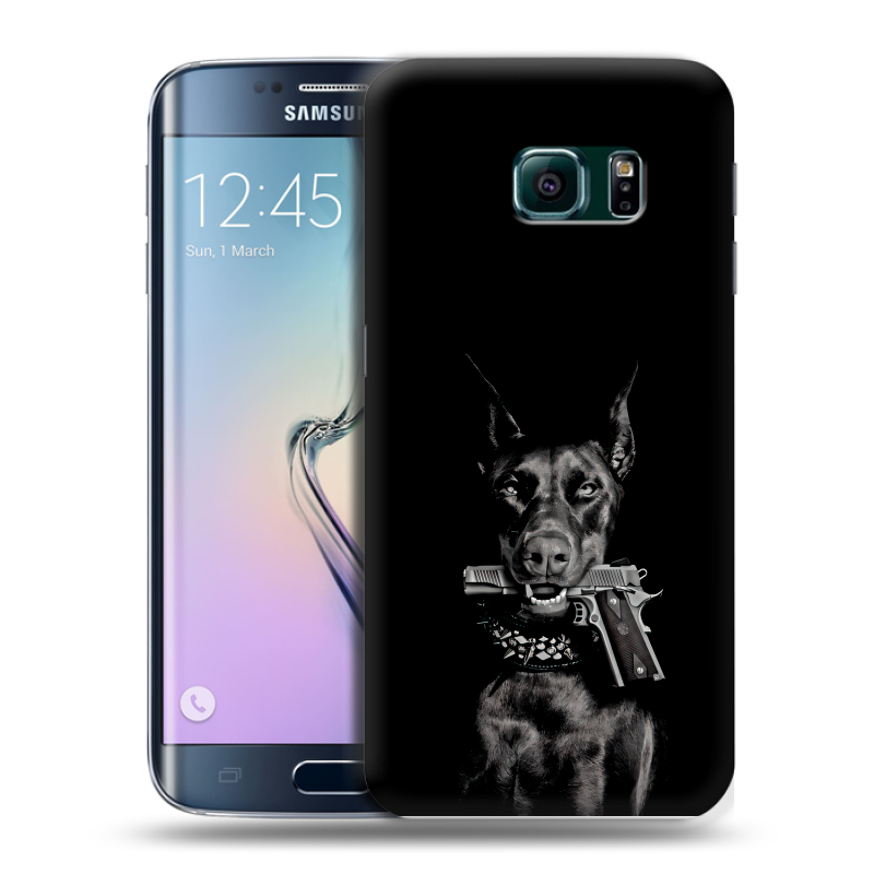 Силиконовый чехол на Samsung Galaxy S6 Edge с принтом Доберман и пистолет Силиконовый чехол на Samsung Galaxy S6 Edge с принтом Доберман и пистолет