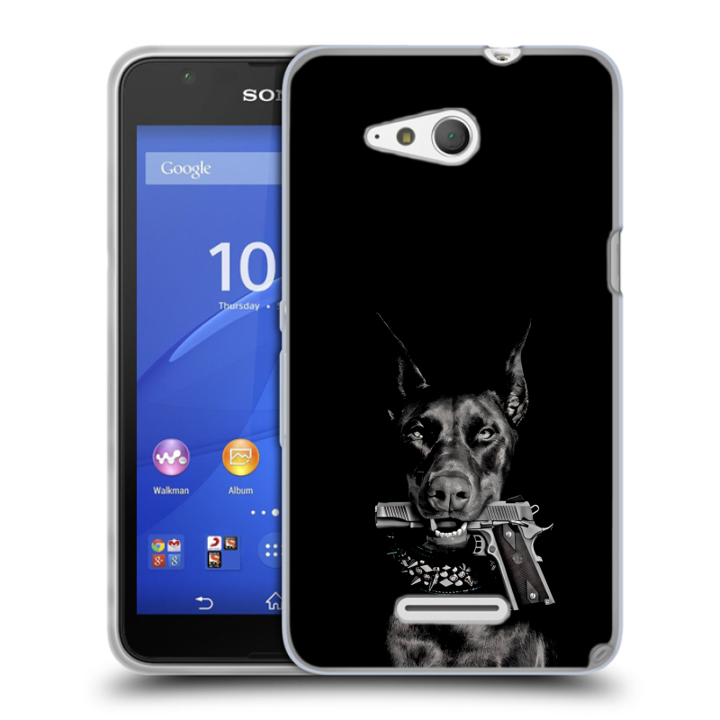 Силиконовый чехол на Sony Xperia E4g с принтом Доберман и пистолет Силиконовый чехол на Sony Xperia E4g с принтом Доберман и пистолет